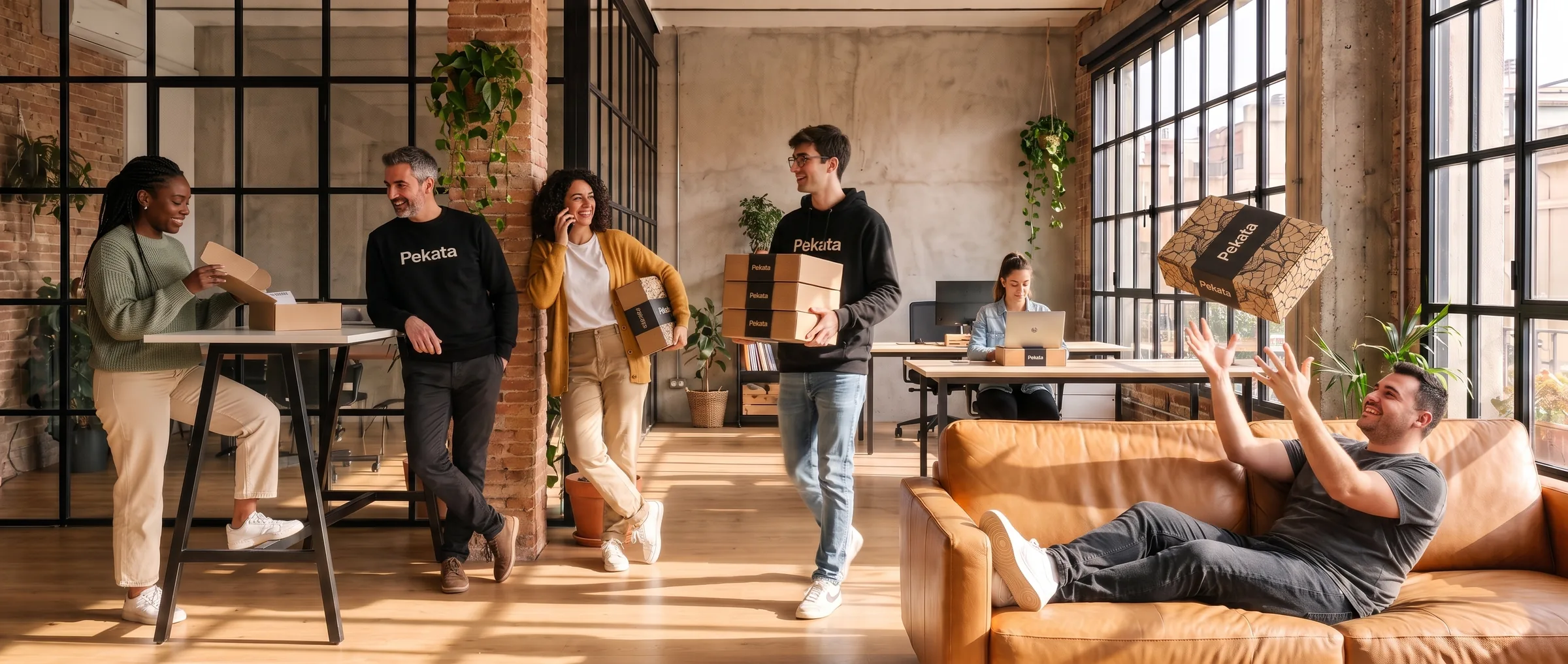 Das Pekata-Team in seinem Loft-Büro in Barcelona mit Geschenkboxen der Marke