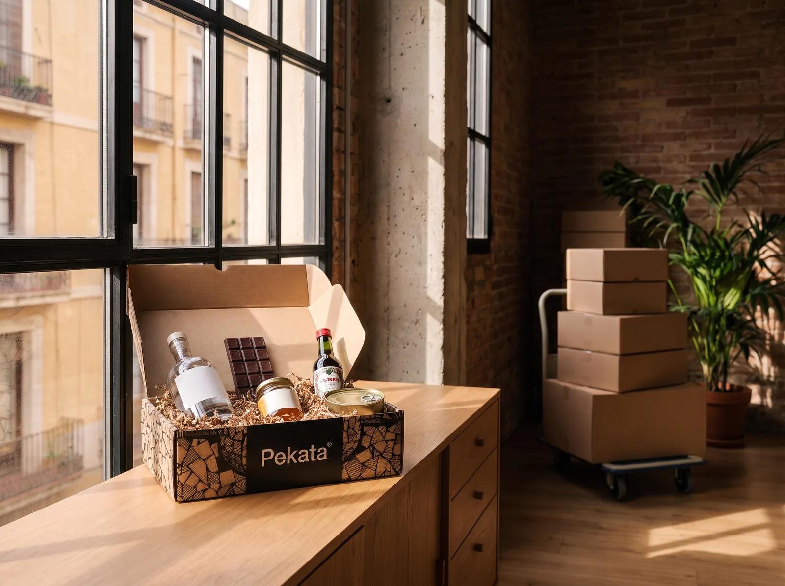 Geöffnete Pekata-Box mit ausgewählten Produkten am Loft-Fenster, im Hintergrund gestapelte anonyme Kartons