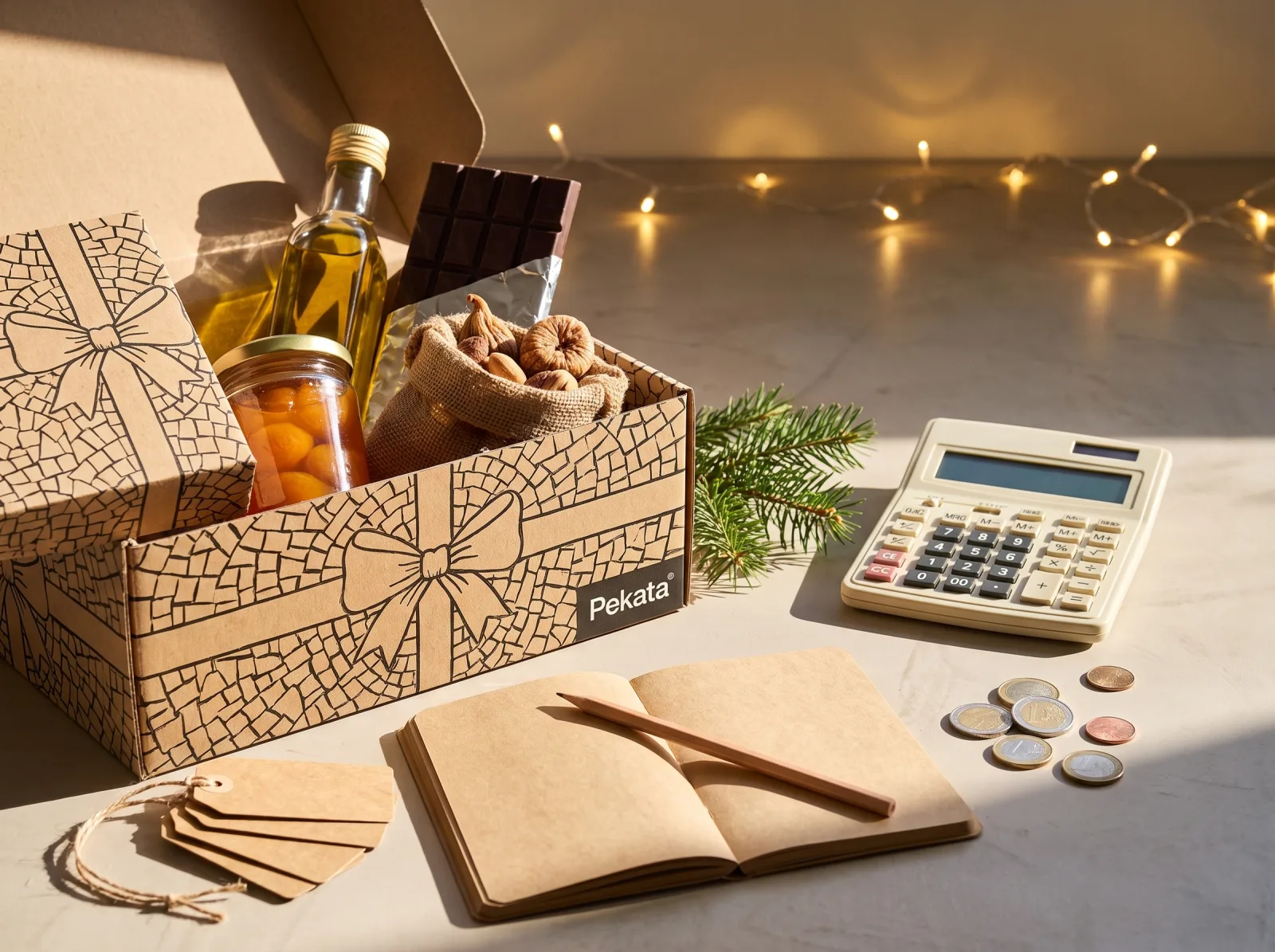 Offene Pekata-Weihnachtspräsentbox neben einem Taschenrechner, einem Notizbuch und leeren Preisschildern