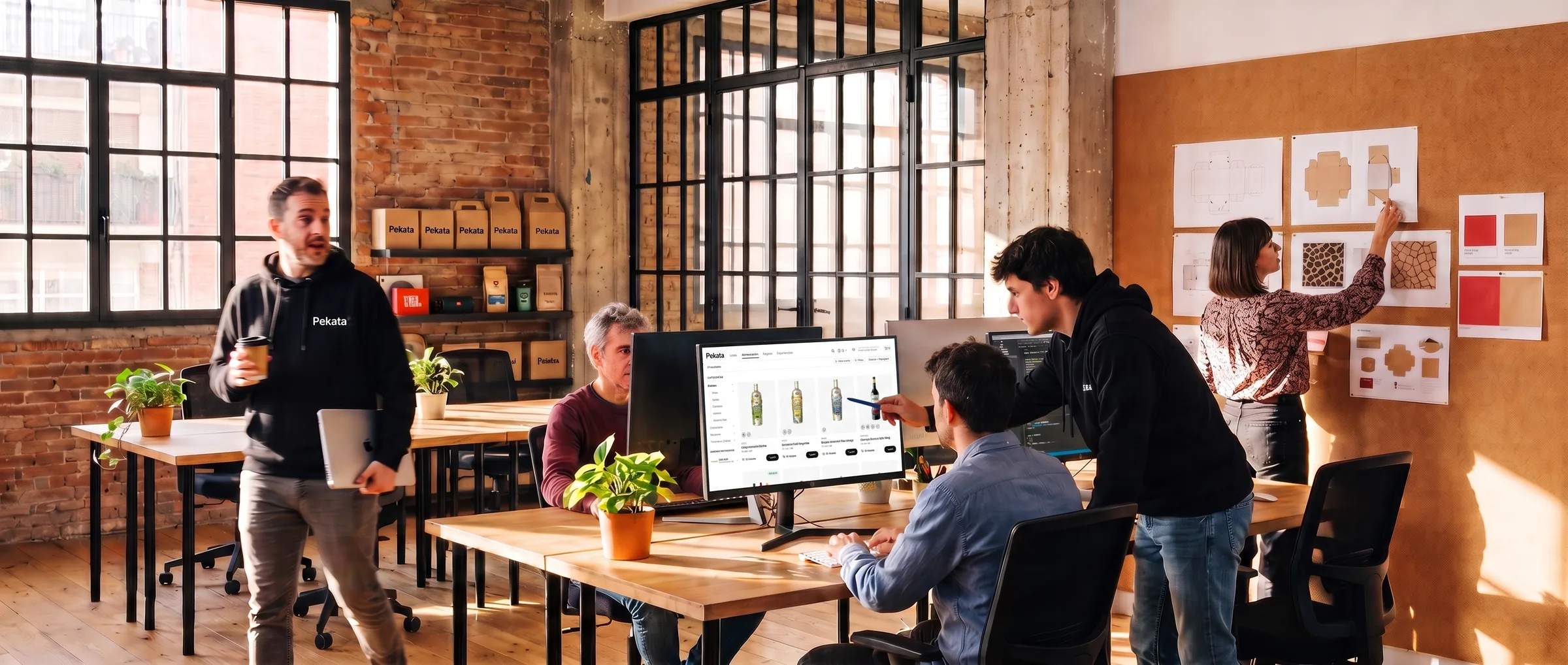 Das Pekata-Team bei der Arbeit im Büro, mit dem Auswahlportal auf dem Bildschirm
