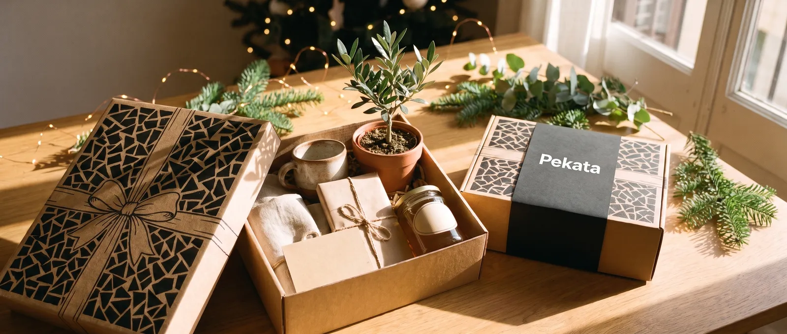 Boîte Pekata ouverte avec un mélange inattendu de cadeaux : olivier en pot, tasse en céramique, chocolat artisanal et miel