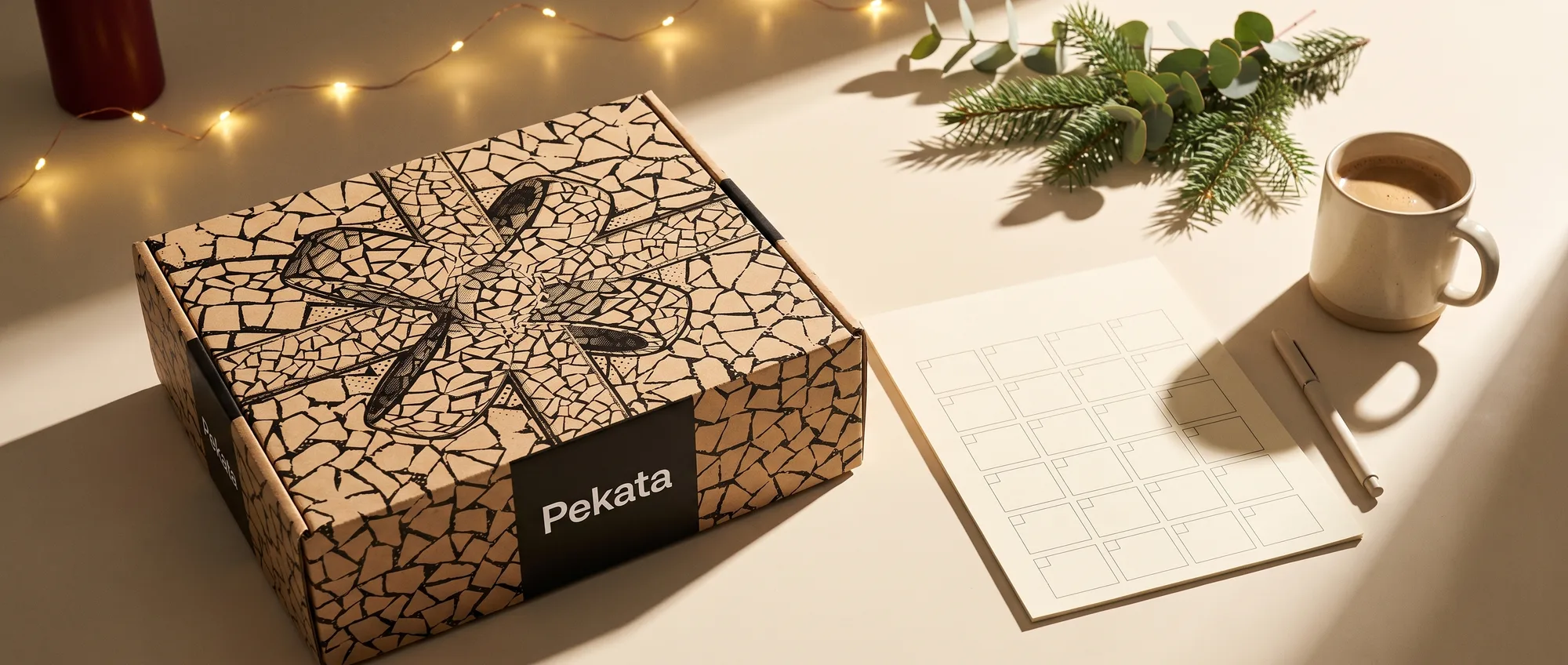 Pekata-Weihnachtsbox auf einem Schreibtisch neben einem Wandkalender und einer Tasse Kaffee