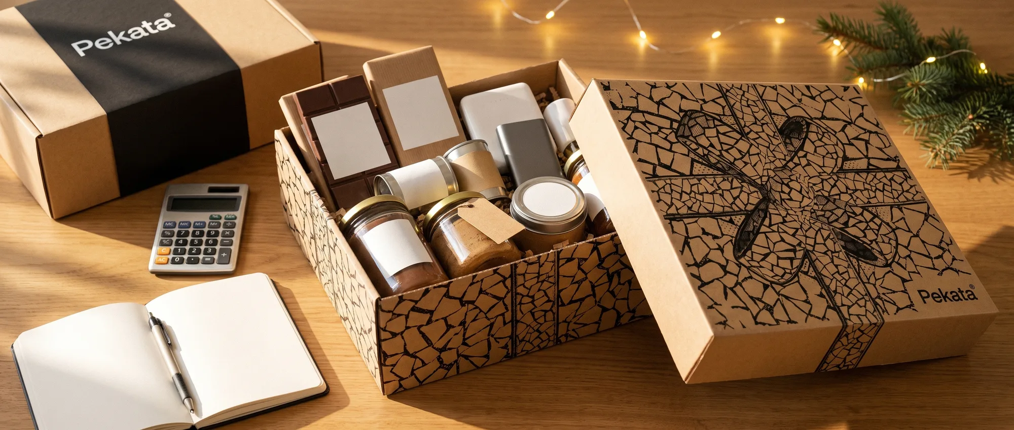 Geöffnete Pekata-Weihnachtspräsentbox neben einem Taschenrechner und einem Notizbuch auf einem Holztisch