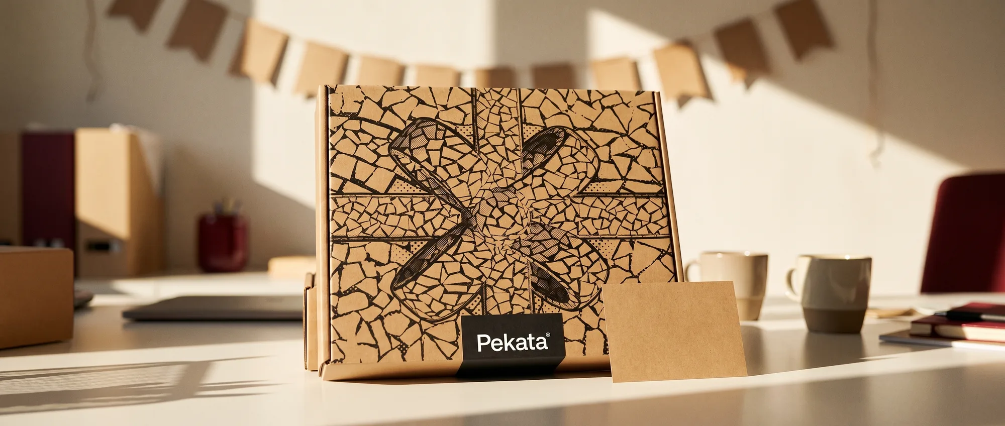 Pekata-Geschenkbox mit Trencadís-Muster auf einem Schreibtisch mit unscharfer Papiergirlande im Hintergrund
