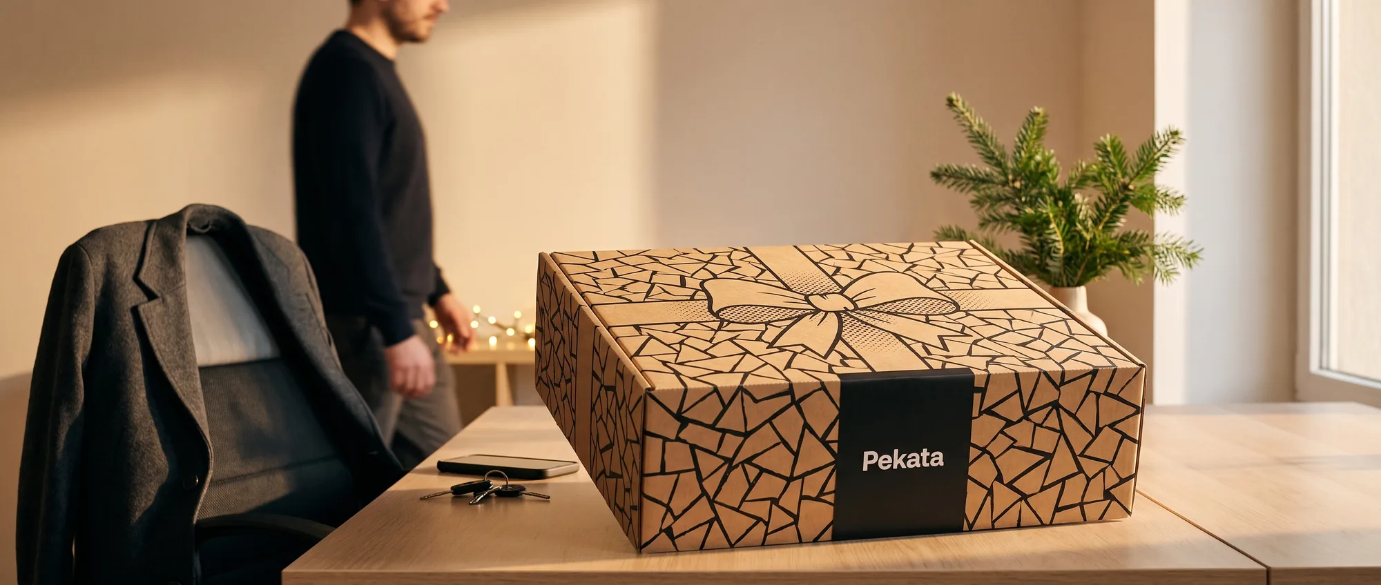 Pekata Weihnachtsbox aus Kraftpapier mit Trencadís-Motiv auf einem Büroschreibtisch im Winterlicht