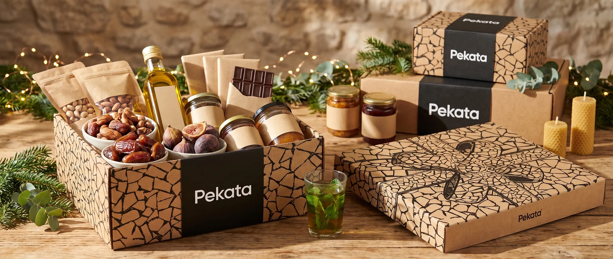 Boîte de colis de Noël Pekata en carton kraft avec motif trencadís, ouverte avec des produits gourmets adaptés sous une lumière chaleureuse