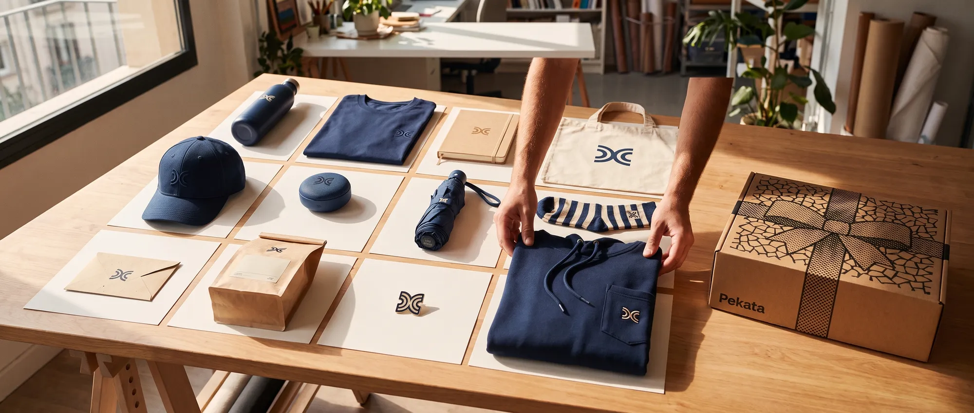Mood board d'idées de merchandising sur une table : bouteille, t-shirt, carnet, tote bag, casquette et autres articles avec le même logo