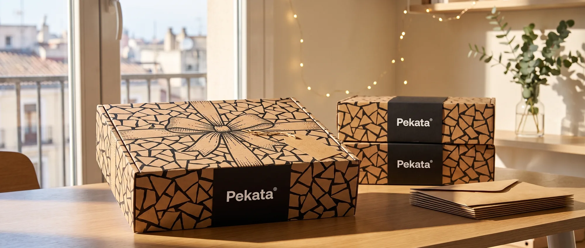 Boîte de Noël Pekata en kraft avec motif trencadís à côté d'une pile d'enveloppes kraft et une étiquette d'expédition blanche