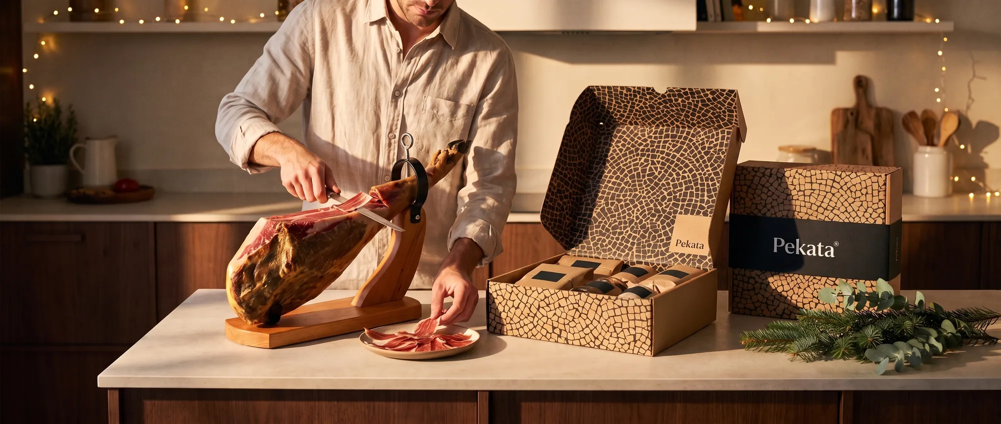 Person slicing a ham next to an open Pekata Christmas hamper box with delicacies wrapped in kraft paper