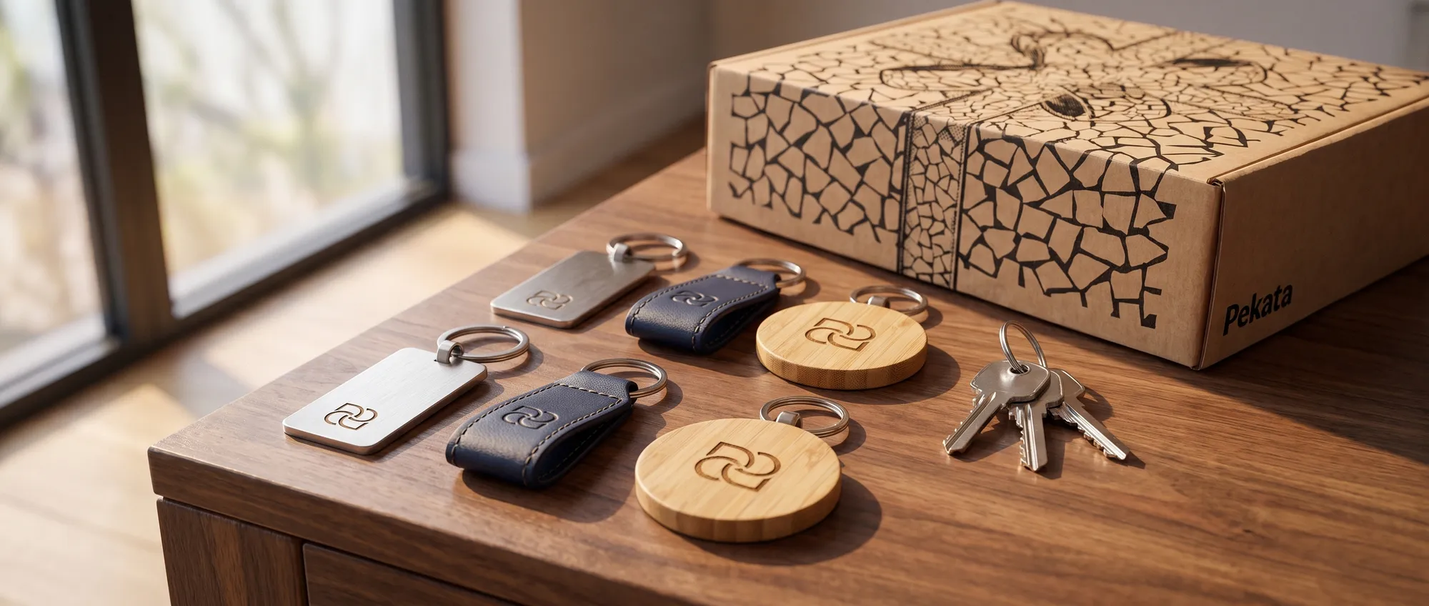 Porte-clés personnalisés pour entreprises en métal gravé, bambou et ruban textile sur fond neutre