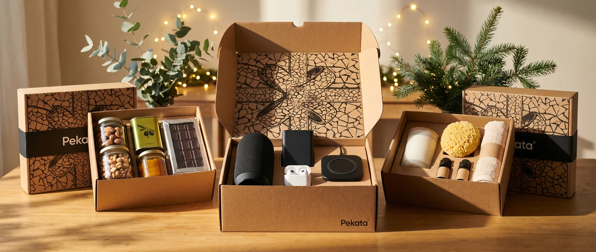 Trois boîtes de Noël Pekata ouvertes avec des contenus différents alignées sur une table en bois