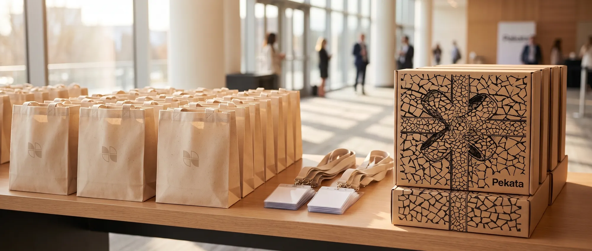 Table d'accréditation d'une convention d'entreprise avec goodie bags, lanyards et boîtes Pekata empilées