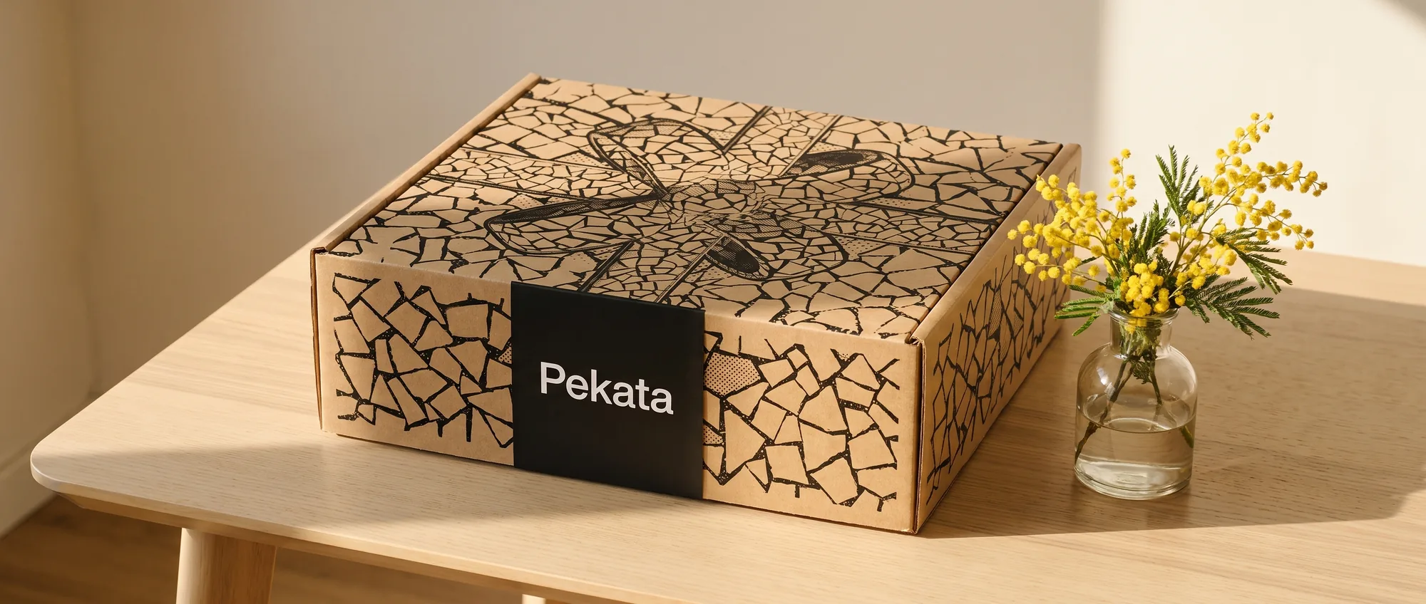 Pekata-Geschenkbox mit Trencadís-Muster neben einem kleinen Mimosenstrauß im Frühlingslicht