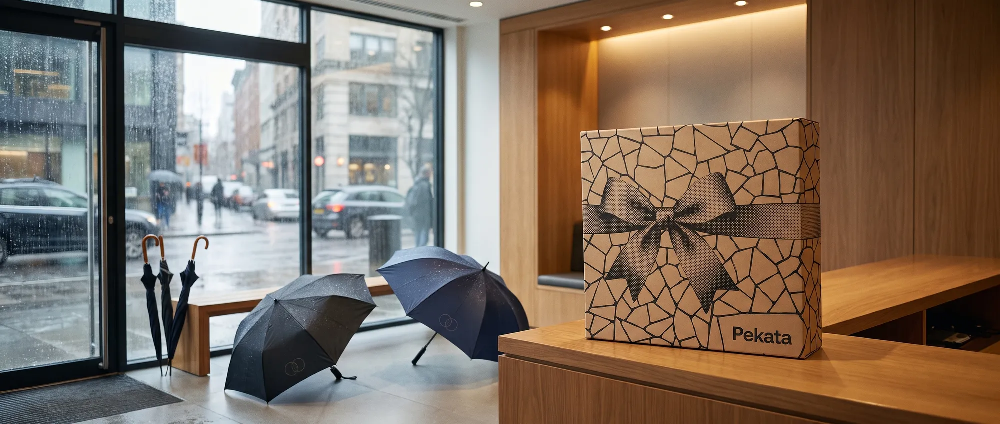 Faltbarer Regenschirm und Golfregenschirm mit Logo auf einem Paneel, am Eingang eines Büros an einem Regentag, mit einer Pekata-Box am Empfang