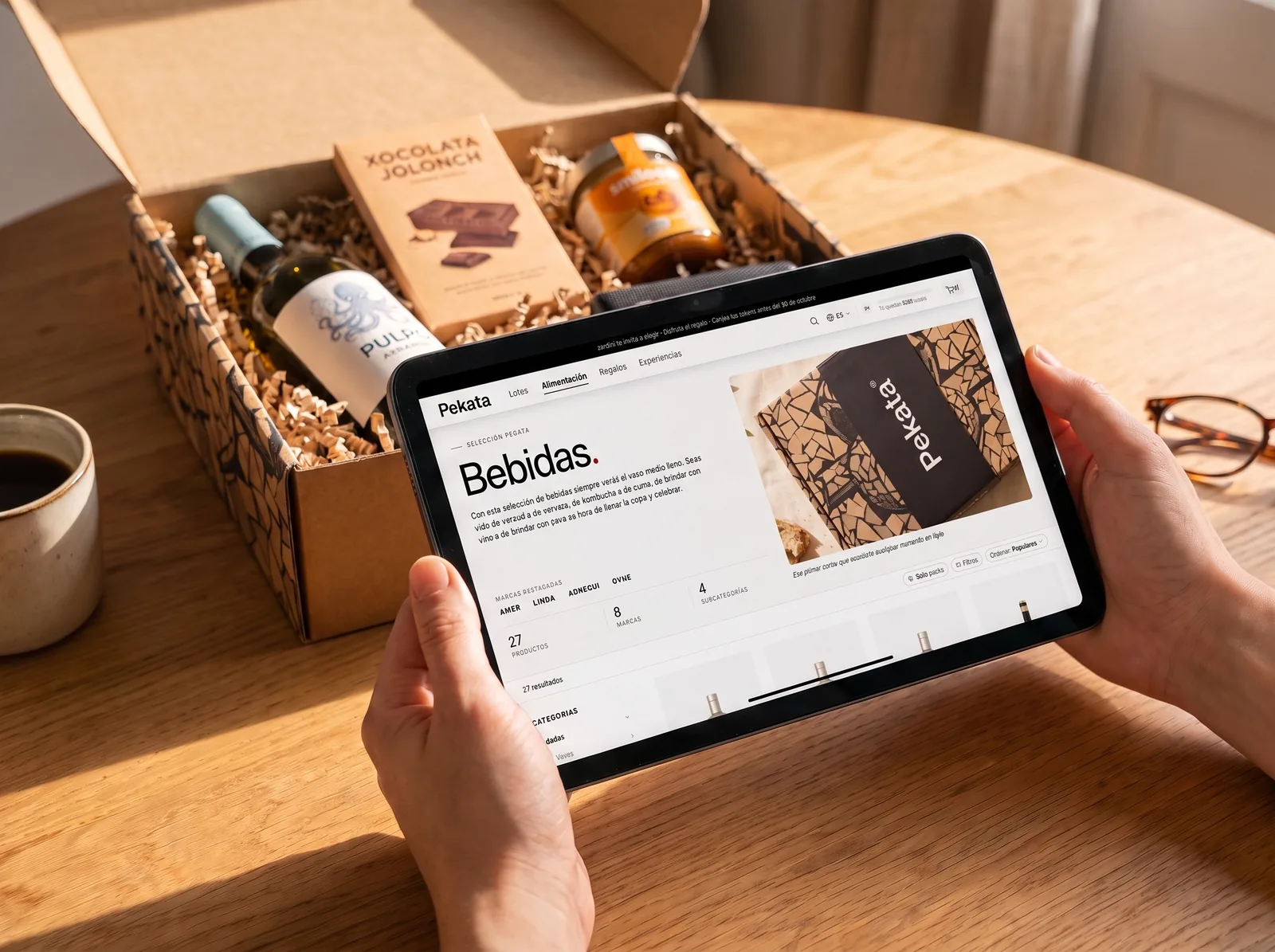Tablet mit dem Pekata-Auswahlportal neben einer geöffneten Box mit Produkten