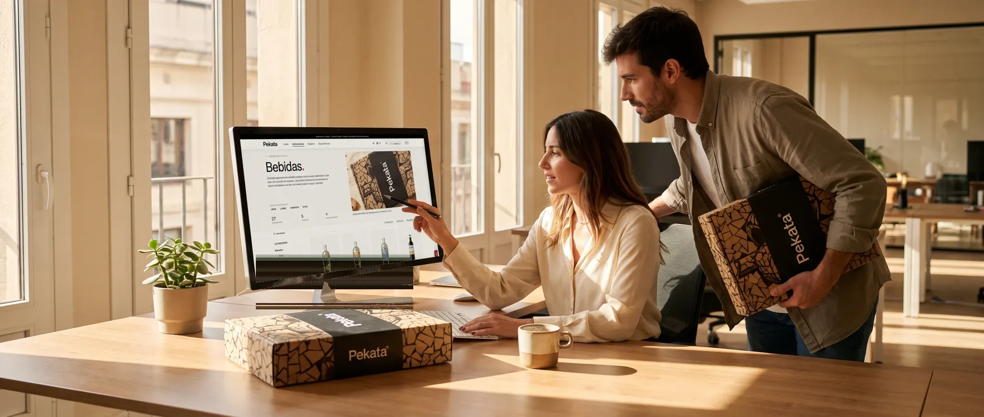 Zwei Personen überprüfen das Pekata-Geschenkeportal in einem Büro mit einer Schachtel auf dem Tisch