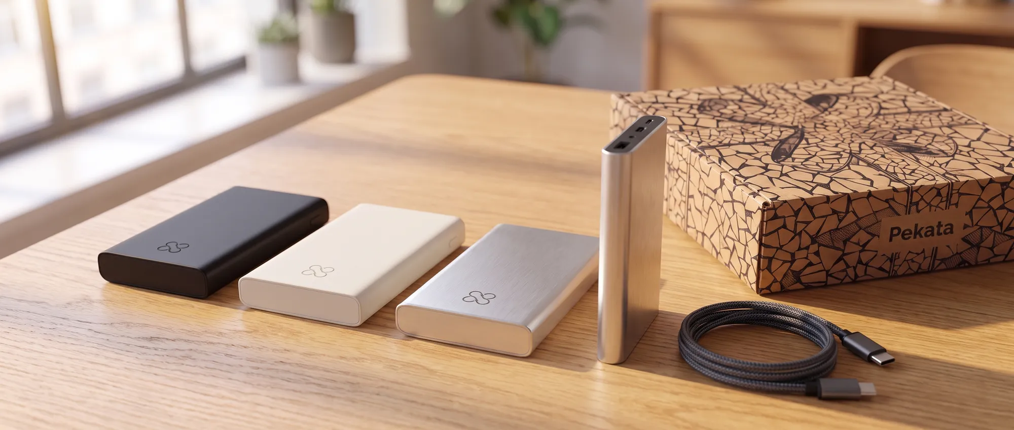 Aluminium-Powerbank mit eingraviertem Firmenlogo neben USB-C-Kabel