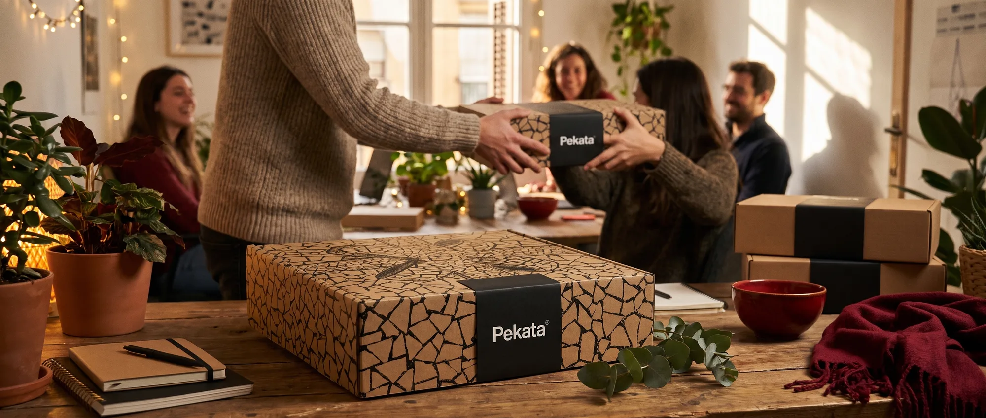 Collègues d'une petite entreprise échangeant des colis de Noël Pekata dans un bureau chaleureux