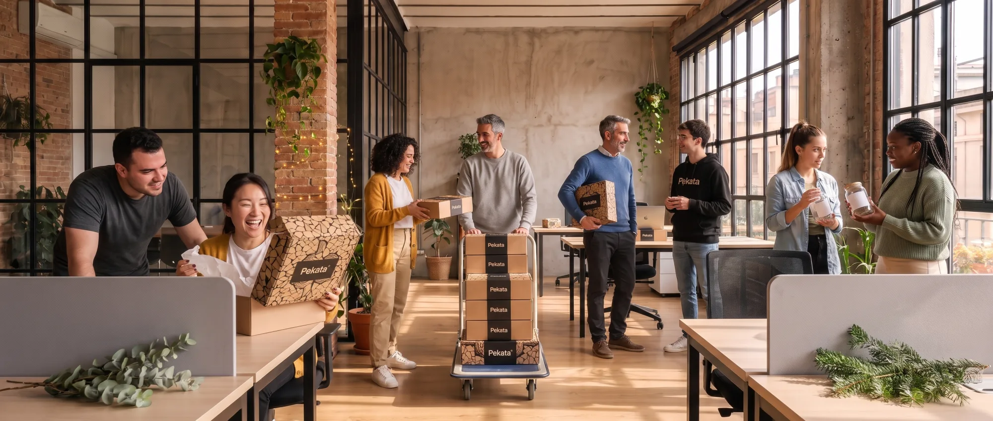 Mitarbeiter erhalten Pekata-Geschenkboxen in einem modernen Büro