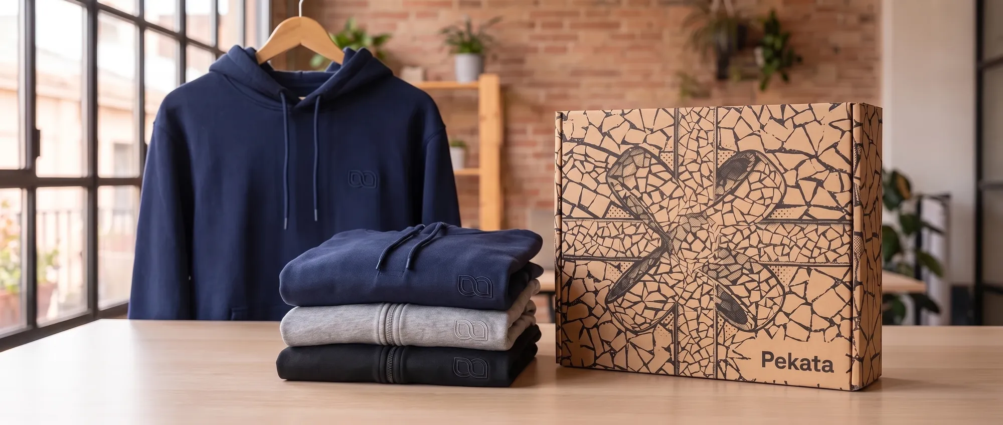 Graues Kapuzen-Sweatshirt mit dem Logo einer Firma auf der Brust bestickt