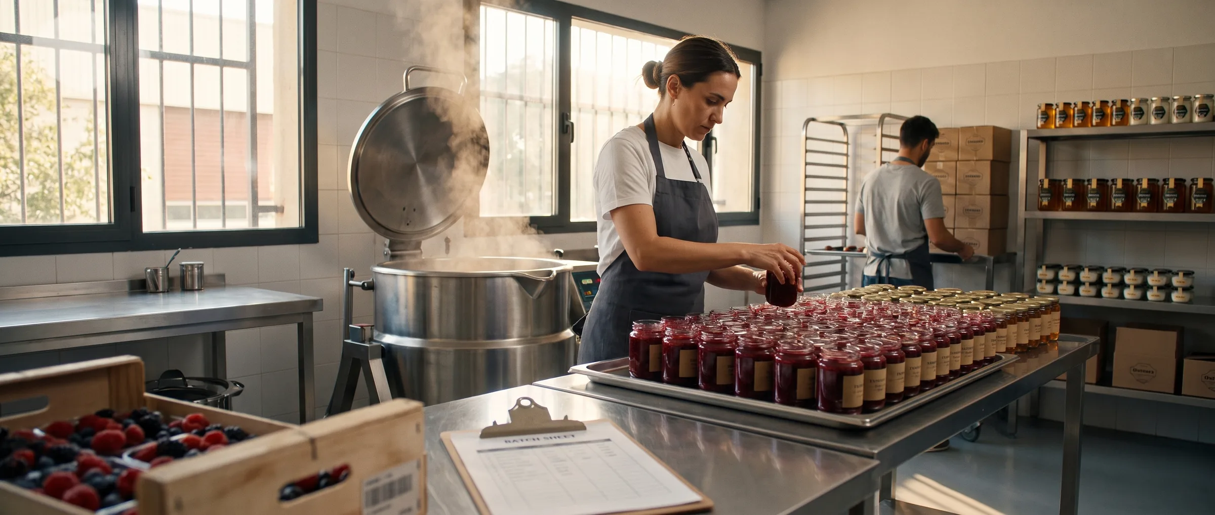 Professionelle Manufaktur füllt handwerkliche Konfitüren in Gläser ab