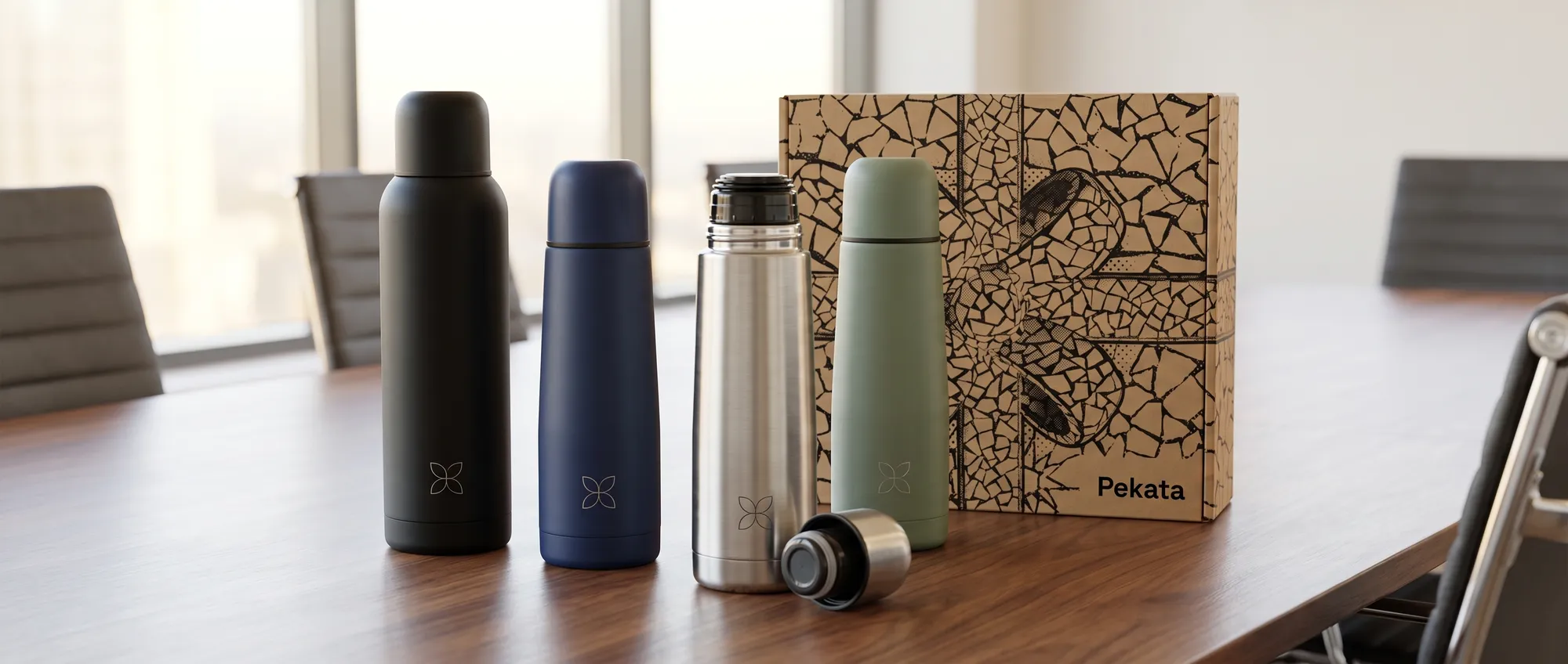 Matte graue Edelstahl-Thermosflasche mit eingraviertem Firmenlogo
